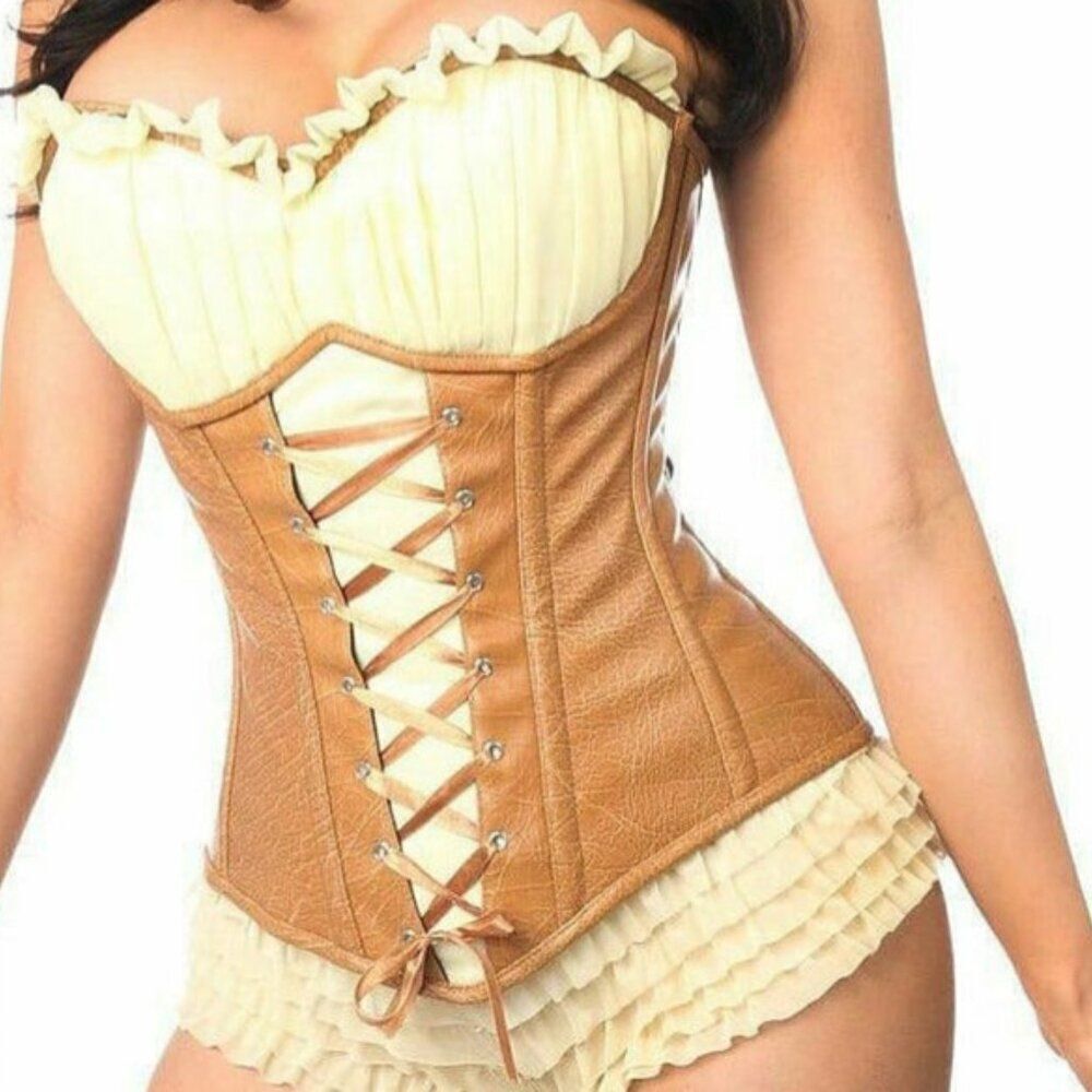 Daisy Corsets Cream and Tan Faux Leather Underbust Corset